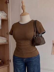 Comfortcana Plus Size Waist Ruched Elastic T-Shirt - Brown - View 6