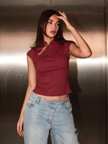 Bris Aura Women's Metal Buckle Design Mandarin Collar Fitted Elegant T-Shirt Casual Summer - Burgundy - View 6