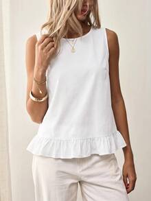 EMERY ROSE Plus Size Women Casual Sleeveless Solid Color Denim Blouse Formal Party White Summer - White - View 5