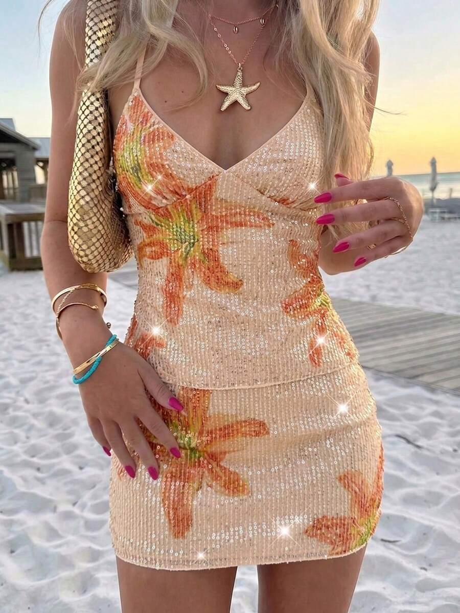 Opulessa 女款米色夏季性感時尚度假花卉印花亮片裙,優雅美人魚波希米亞伊比薩風裙,西式休閒沙灘穿搭 - 杏色 - 查看 1