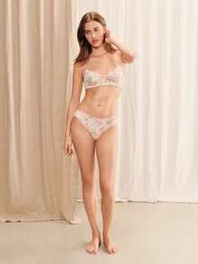 lacRébo Cream Ribbed Knit Lingerie Set With Floral Motif And Pink Contrast Detailing Cute Lingerie Set Triangle Bra And Panty Set - Apricot - View 5