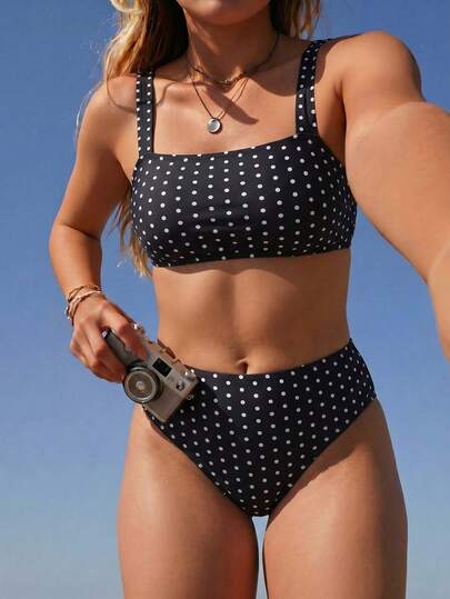 Swim Mod 2026 New Plus Size 2-Piece Black & White Polka Dot Random Print Bikini Set Set, Suitable For Beach & Resort Wear, Spring/Summer