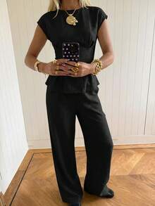 SHEIN EZwear 女士纯色荷叶边修身上衣和纹理阔腿裤两件套通勤套装 - 黑色 - 查看 1