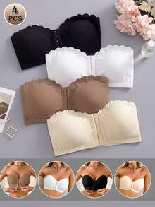 SHEIN Set de 4 sujetadores de mujer con cierre delantero, con volantes y acolchados, de estilo push-up y de colores variados - Multicolor - Ver 3