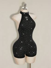SHEIN ICON Women's Rhinestone Embellished Halter Neck Jumpsuit - Black - View 5