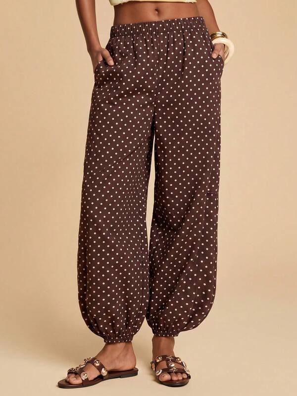 Travachic Plus Size Women's Polka Dot Pattern Pocketed Drawstring Loose Pants Autumn Vacation 1950s Vintage Traditional