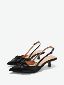 Eladyva 女士蝴蝶结装饰纯色尖头露跟猫跟鞋，时尚舒适，适合优雅派对、正式场合、秋冬季节。黑色缎面高跟鞋，可搭配连衣裙，情人节必备，优雅女士浅口鞋。 - 黑色 - 查看 6