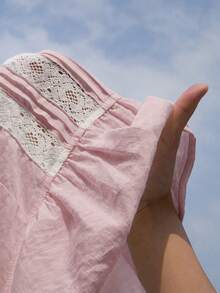 LanaWest Women's Contrast Lace Single-Breasted Ruffle Hem Blouse - Pink - View 4