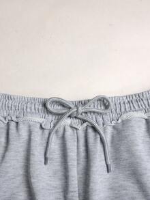 SHEIN 少女针织浅灰色宽松休闲抽绳口袋阔腿运动裤 - 灰色 - 查看 4