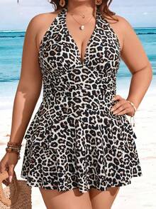 Swim Lushoire Traje de baño de 2 piezas de estilo vacacional con cuello en V, plisado y volantes en el bajo, de unicolor, para mujer de talla grande - Multicolor - Ver 3