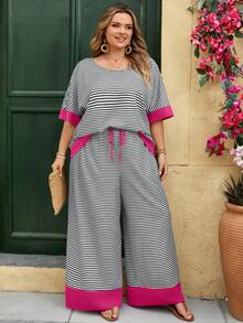 SHEIN CURVE+ Plus Size Women's Black White Striped Print Round Neck Short Sleeve Top And Pants Set,Autumn,Boho Western Cowgirl,Vacation,Retro Vibe,90s Style Office - Green - View 7
