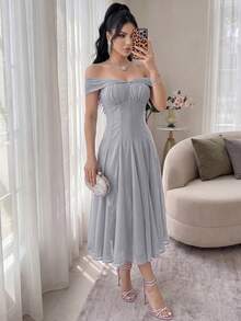 Feyla Women's Solid Color Pleated Off Shoulder Elegant Party Dress - Gray Blue - View 7