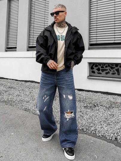 Artur Kramer Quần jeans ống rộng màu xanh nhạt rách nhẹ dành cho nam, phong cách đường phố trẻ trung.