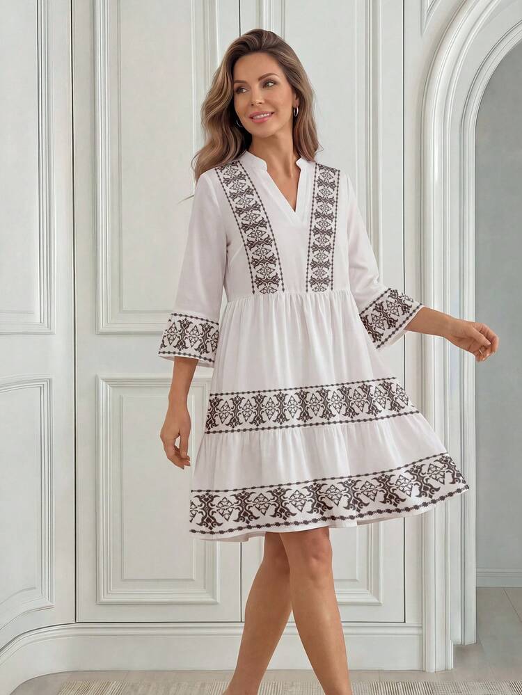 Beach Vacation V-Neck Midi White Floral Print Dress For Mom