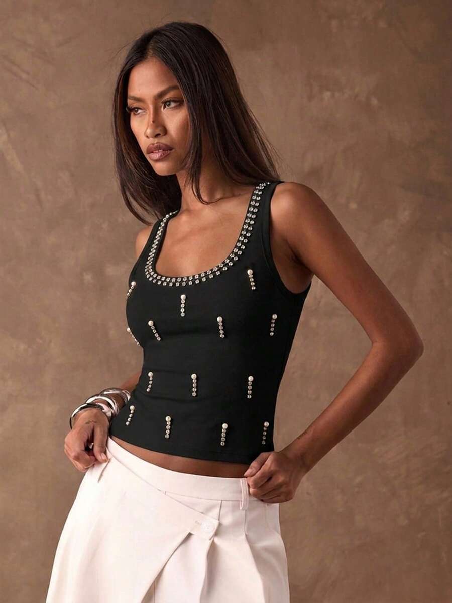 SHEIN BAE Top sin mangas de mujer con escote redondo y espalda de tirantes, con aplicaciones de strass negras - Básico elástico apto para todas las estaciones, de estilo callejero y elegante, perfecto para el trabajo, ir al trabajo, conciertos de verano, raves, festivales de música, actividades deportivas - Multicolor - Ver 1