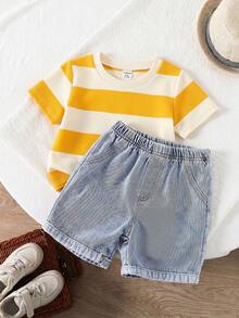 SHEIN Setelan 2pcs untuk Bayi Laki-laki: Kaos Lengan Pendek Garis-garis Hitam Putih Kasual dan Celana Pendek Denim, Cocok untuk Musim Semi/Panas - Kuning - View 3