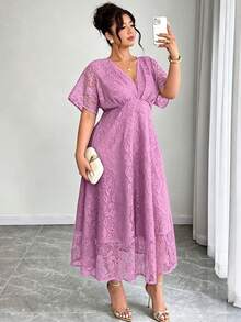 Elenzga Đầm ren cổ chữ V thanh lịch dành cho nữ cỡ lớn, dáng chữ A thắt eo, thích hợp cho đám cưới, tiệc tùng, dạ hội, mùa xuân/hè. - Hồng - Xem 1
