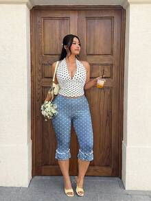 GalTyme Quần legging nữ cỡ lớn màu xanh dương phối chấm bi trắng, thích hợp cho các lễ hội âm nhạc. - Nhiều màu - Xem 5