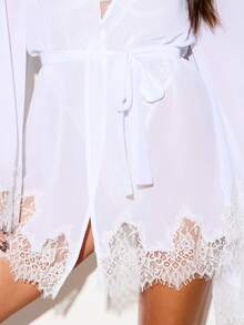 KIZN Bata de gasa transparente con ribete de encaje, mini bata de novia, kimono envolvente con cinturón para luna de miel y boudoir - Blanco - Ver 4