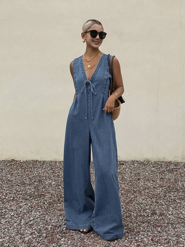Livesso Summer Blue Loose Casual Wide Leg Pants With Drawstring Street Outdoor Women's Denim Overalls
