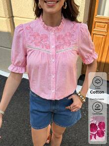 SHEIN Clasi 女士舒适刺绣条纹衬衫，优雅休闲，适合度假和户外活动，春夏款 - 粉色 - 查看 7