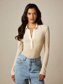 MISSGUIDED White Button Front Long Sleeve Fitted Collared Bodysuit With Shoulder Pad Detail Golf Summer Basic - Apricot - View 1