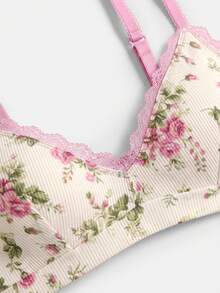 lacRébo Cream Ribbed Knit Lingerie Set With Floral Motif And Pink Contrast Detailing Cute Lingerie Set Triangle Bra And Panty Set - Apricot - View 10
