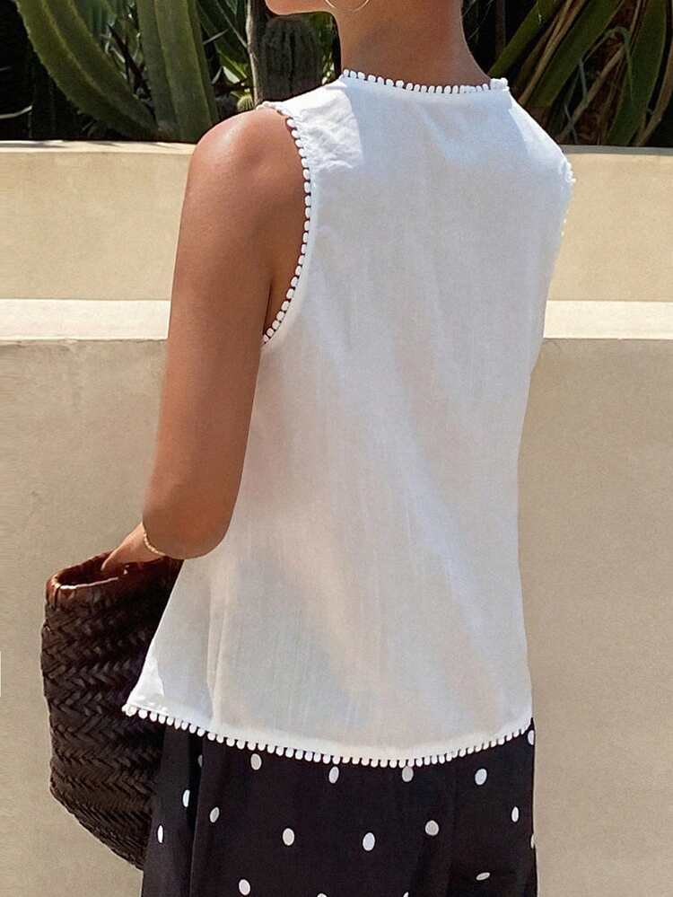 Women's Solid Color Contrast Lace V-Neck Tie Casual Vacation Summer Tank Top Vest