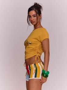 MUSERA Áo thun lệch vai nhún bèo, thắt eo, thích hợp cho kỳ nghỉ hè, du lịch Ibiza, phong cách boho, thanh lịch, thường ngày, lễ hội hóa trang. - Màu vàng - Xem 3