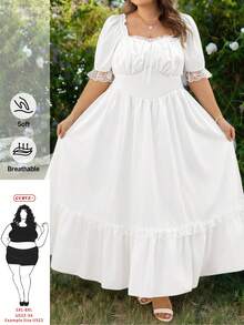 SHEIN CURVE+ Curve Size US22 Music Festival, Seaside Vacation, Bohemia Casual Women's All White Lace Pleated Victorian Retro Long Dress, Party Ball Autumn Fall - White - View 13