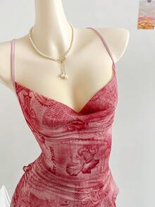 SHEIN Tall CURVE CURVE Plus Size Women's Pink Floral Dress Summer Elegant Wedding Cocktail Guest Vacation Tea Party Long Ruffle Trim Backless High-Waisted Outfits - Pink - View 9