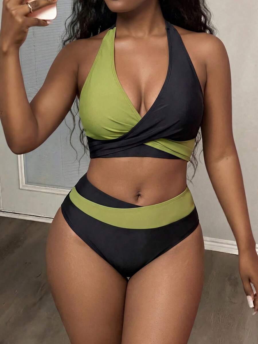 Maweii Conjunto de bikini de mujer talla grande con bloques de color y diseño personalizado de cuello halter, para usar en vacaciones y playas de verano - Verde - Ver 1