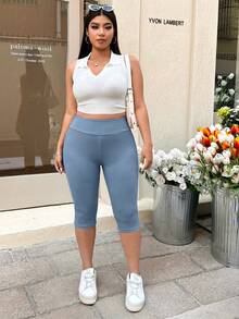 Muchica Plus Size Blue Tight 3/4 Length Leggings, Vacation Style, Spring/Summer - Blue - View 4