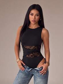 SHEIN PETITE Áo liền thân không tay màu trơn thời trang dành cho nữ, thích hợp cho mùa hè, ngày Valentine, trang phục Valentine cho nữ. - màu đen - Xem 1
