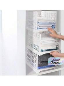 Stackable Plastic Storage Basket, Foldable Plastic Wardrobe Storage Box, Wardrobe Storage Container & Clothes Drawer Rack - Suitable For Cabinets, Bedrooms, Dormitories, Bathrooms, Kitchens & Offices - Multicolor - View 1
