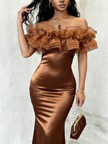 Eryvara Đầm dạ hội nữ màu trơn thanh lịch, chất liệu lưới bóng, kiểu dáng đuôi cá, phối nhiều mảnh vải satin, thích hợp cho mùa xuân/hè. - màu nâu - Xem 3