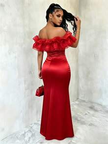 SHEIN Raffinéa Vestido de sirena ajustado de unicolor elegante con parches de satén, hombros descubiertos y malla brillante para mujer, primavera/verano - Rojo - Ver 2