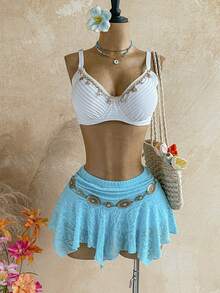 Soleia Women's Summer Solid Color Lace Asymmetric Hem Skirt - Blue - View 1