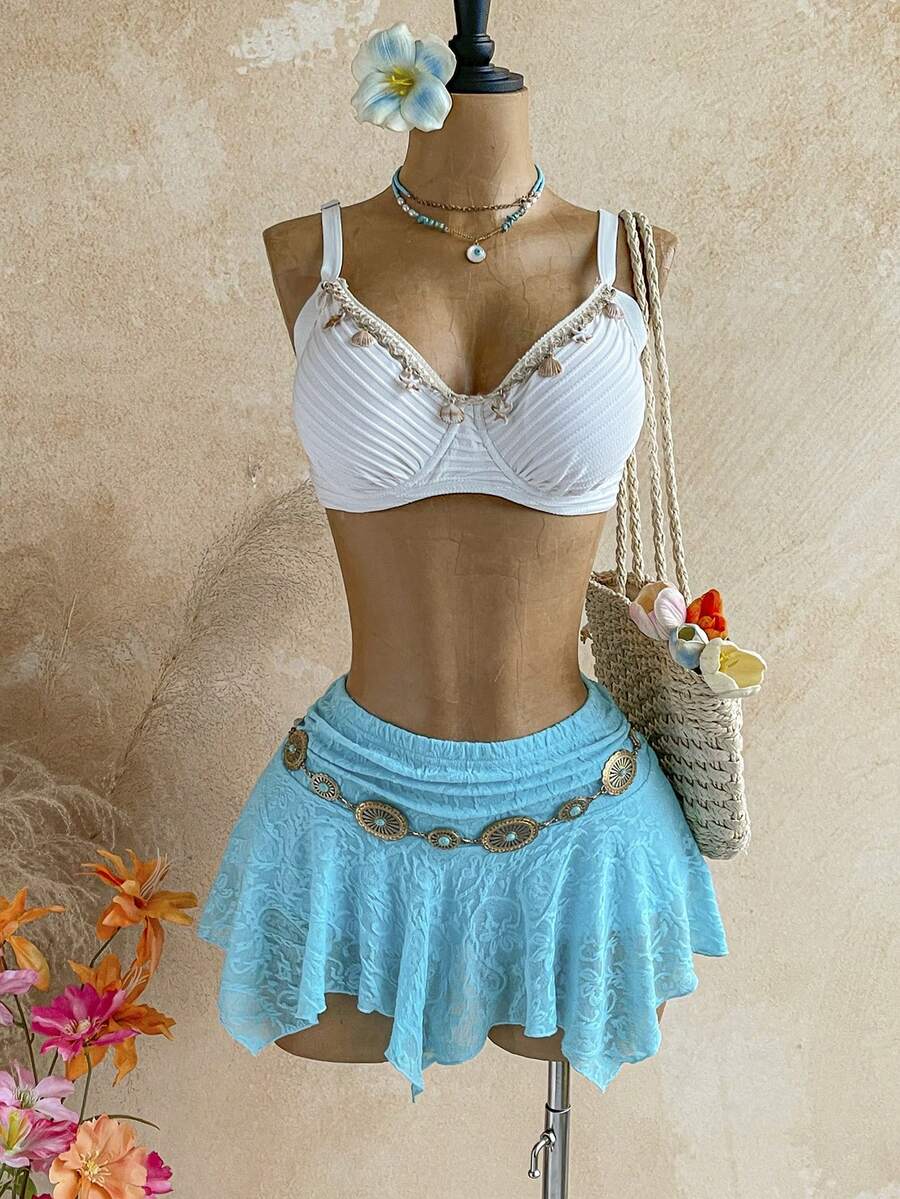 Soleia Women's Summer Solid Color Lace Asymmetric Hem Skirt - Blue - View 1