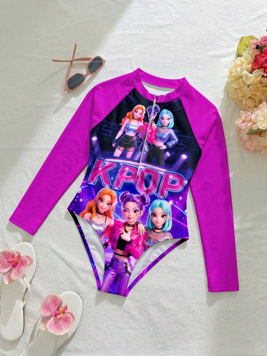 Traje de baño de una pieza de manga larga para niñas preadolescentes con estampado de personajes de grupos de chicas K-POP luminosos y unicolor, para playa, piscina y deportes acuáticos de verano - Multicolor - Ver 1