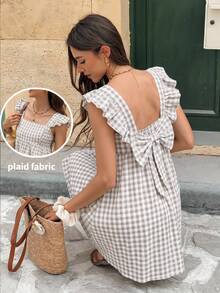 SHEIN Frenchy Đầm ngắn nữ kiểu dáng thường ngày, cổ vuông, viền bèo nhún, họa tiết kẻ caro, thích hợp cho mùa hè. - Nhiều màu - Xem 3