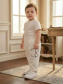 SHEIN Playful Pals Baby White Pants Boys Girls Trousers Front Center Decorative Buttons Design Autumn Tight Rain Nursery Soft Form Smart - White - View 10