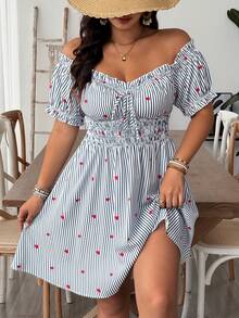 SHEIN VCAY Robe grande taille à épaules dénudées avec motif cœur, rayures bleu & blanc, coupe trapèze, robe mini romantique de plage, style bohème - Bleu azur - Voir 1