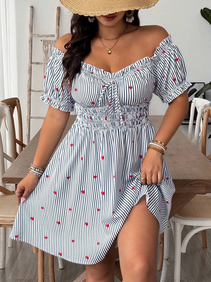 SHEIN VCAY Robe grande taille à épaules dénudées avec motif cœur, rayures bleu & blanc, coupe trapèze, robe mini romantique de plage, style bohème - Bleu azur - Voir 1