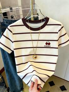 Resyla Women's Casual Striped Cherry Print Round Neck Short Sleeve T-Shirt, Summer - Multicolor - View 3