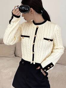 Wynsel Women's Elegant Contrast Trim Button Knit Sweater, Autumn - Beige - View 4
