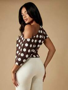 MISSGUIDED Off Shoulder Polka Dot Blouse With Side Tie Detail Brown And White Spotted Asymmetrical Neckline Top - Brown - View 3