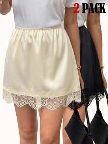 SHEIN LUNE 2pcs Women's Casual Elegent Laced Lace Patchwork Skirt Set, Suitable For Summer Outing, Vacation, Commute And Daily Wear Party Black Summer Outfit For Women Vacation Outfits Women Summer Holiday Outfits Festival Outfits For Women Summer Outfit For Women Beach Outfits Going Out Outfits Vacation Outfits Women Summer Holiday Outfits Country Concert Outfit - Multicolor - View 2