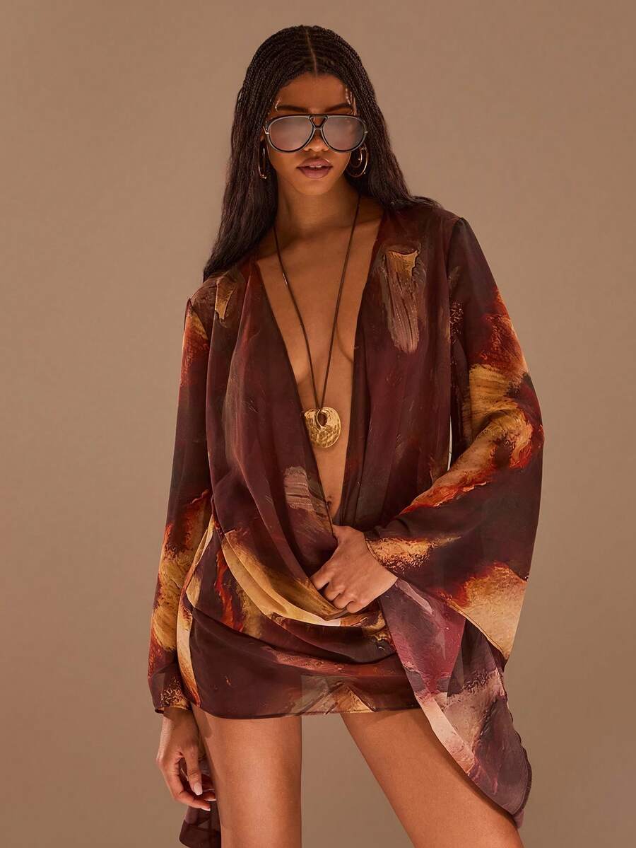 Opulessa Đầm mini dáng rộng bằng vải chiffon in họa tiết, thích hợp cho kỳ nghỉ xuân/hè của phụ nữ. - màu nâu - Xem 1