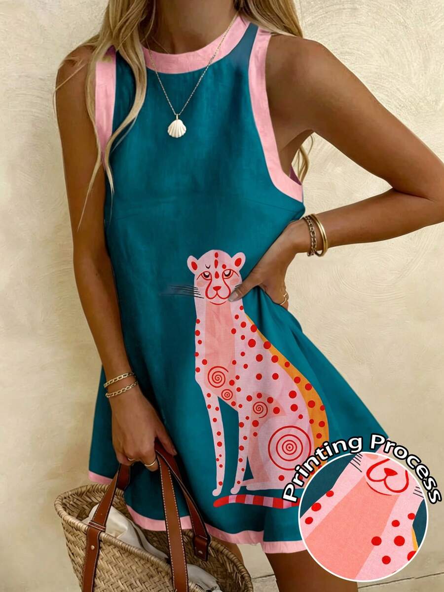 EMERY ROSE Plus Size Women's Casual Resort Beach Leopard Print Color-Block Trim Tank Dress Plus Size Women's Beachwear - Multicolor - View 1